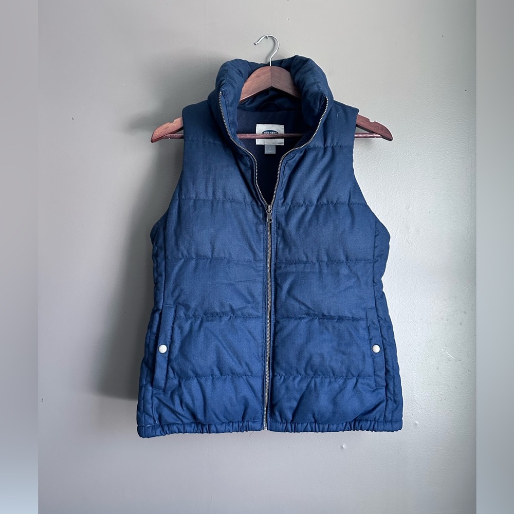 Old Navy Puffer Vest Women Size Small Navy Blue Quilted Fleece Lined Full Zip